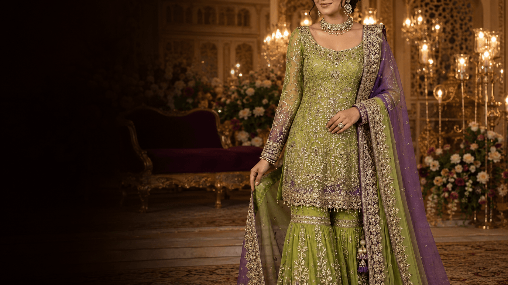Woman wearing a green embroidered Indian outfit with a purple dupatta and jewellery